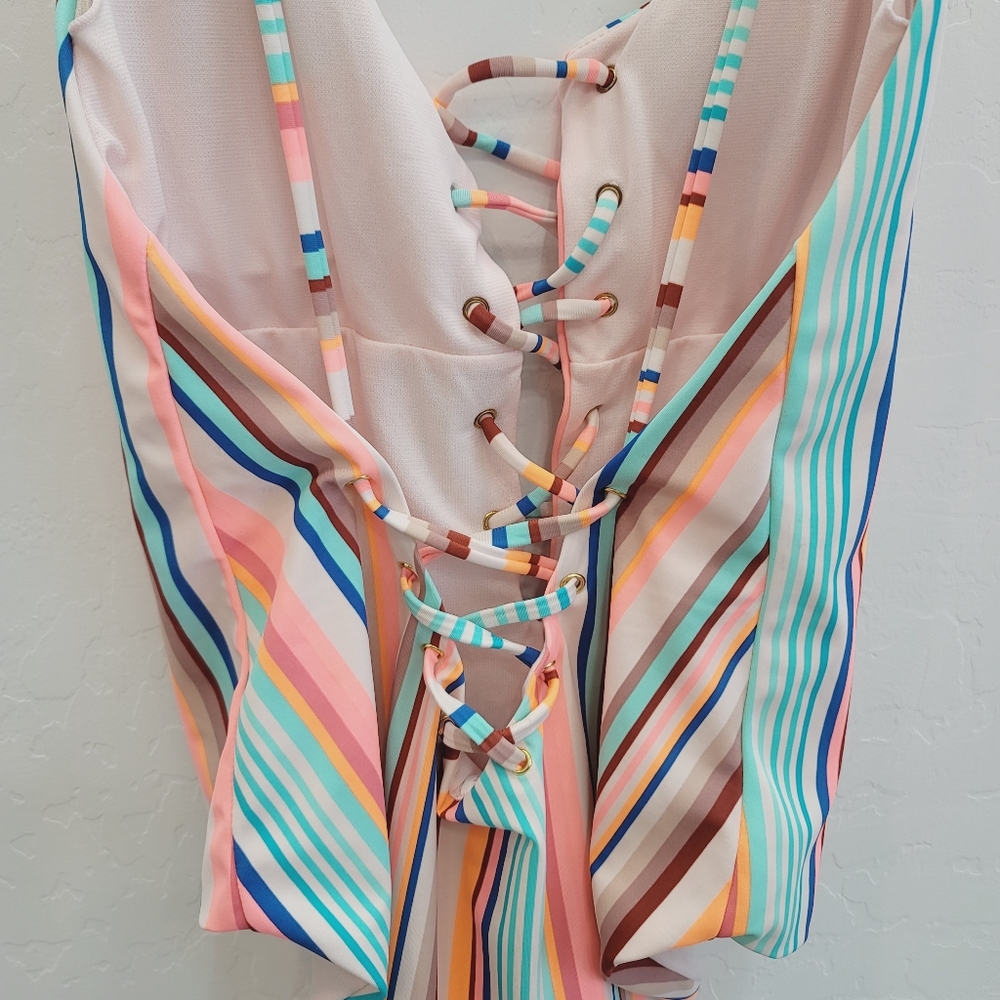 💕 No Boundaries Junior Sorbet Striped Lace Up One Piece Swimsuit Size Large - Picture 6 of 10